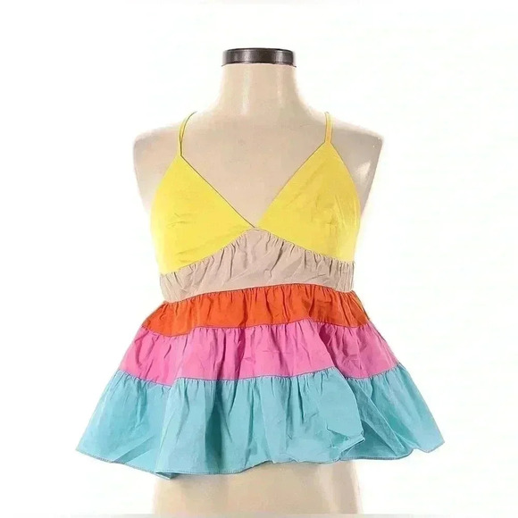 Staud Olympia Striped Poplin Top Colorblock Tank Blouse XS Tie Babydoll Striped - Picture 4 of 6